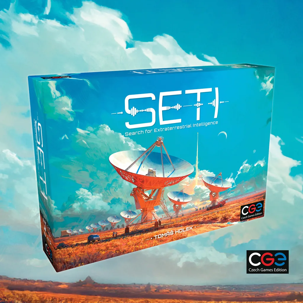 Official artwork showing the SETI game box and an array of radio telescopes