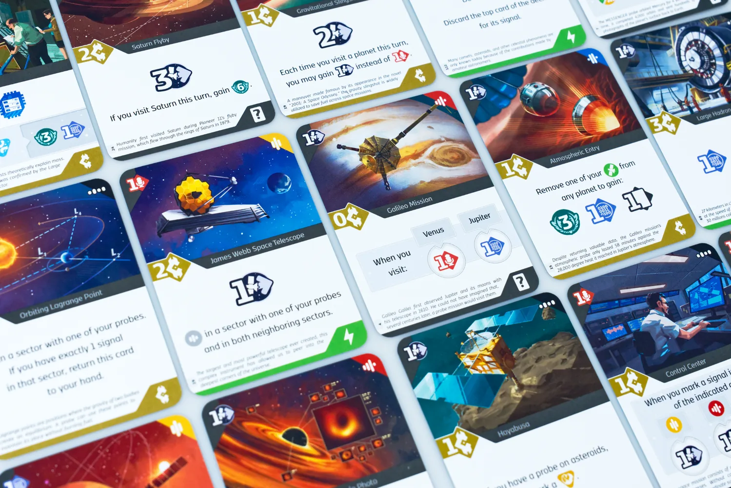 A display of SETI project cards, each containing a cost, effect, free action, and income area