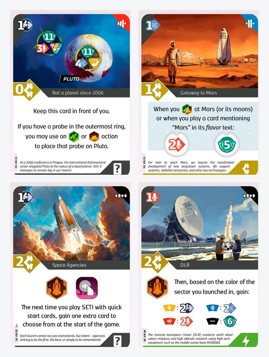 The four official SETI promo cards: Pluto, Gateway to Mars, Space Agencies, and DLR