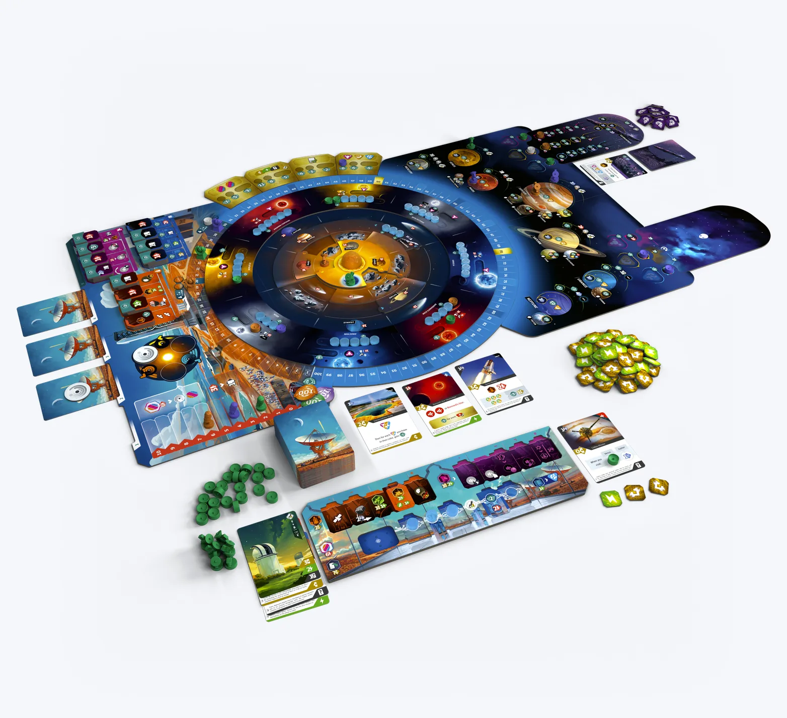 Official overview of a complete SETI table: the rotating Solar System sits at the center, surrounded by planets, alien species, technologies, and player areas