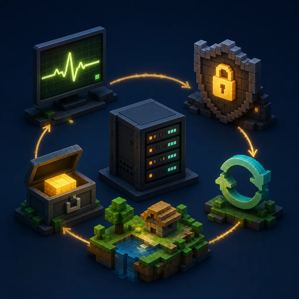 A conceptual operations loop linking monitoring, access control, backup, and recovery around a voxel-world server