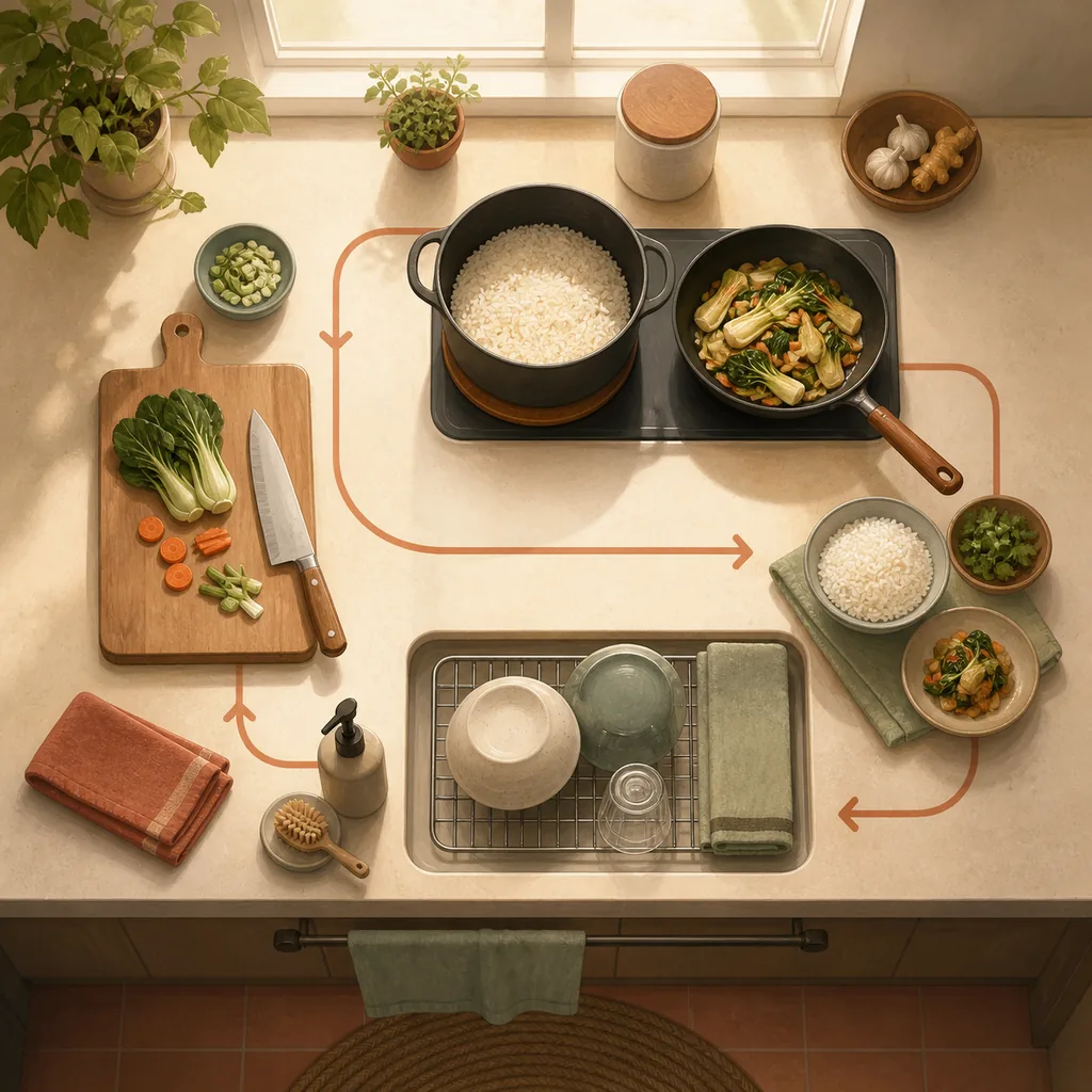 A top-down concept illustration in which preparation, heating, serving, and cleanup form a small-kitchen cooking process