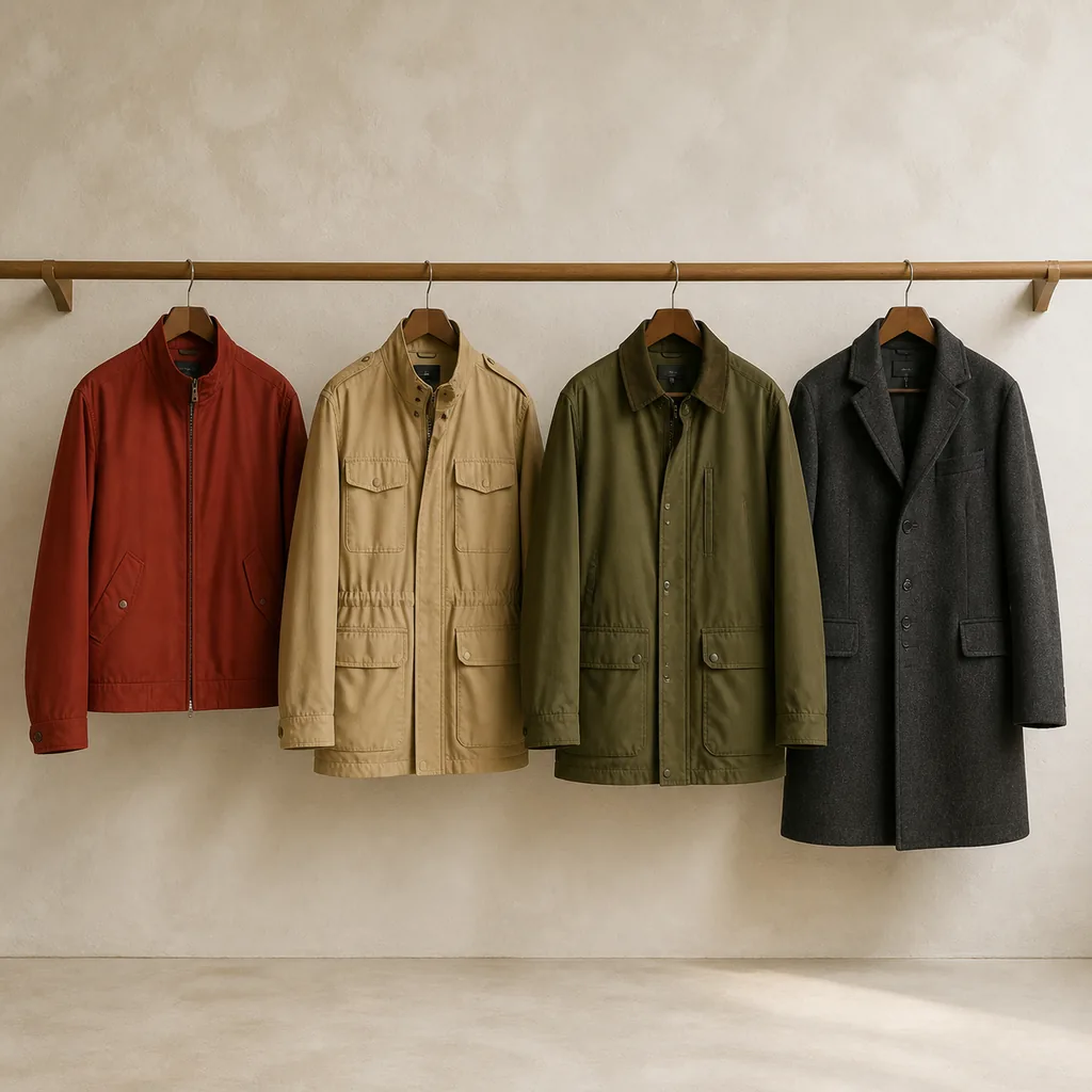 A concept illustration of four unbranded outerwear pieces in brick red, warm beige, olive, and charcoal hanging side by side