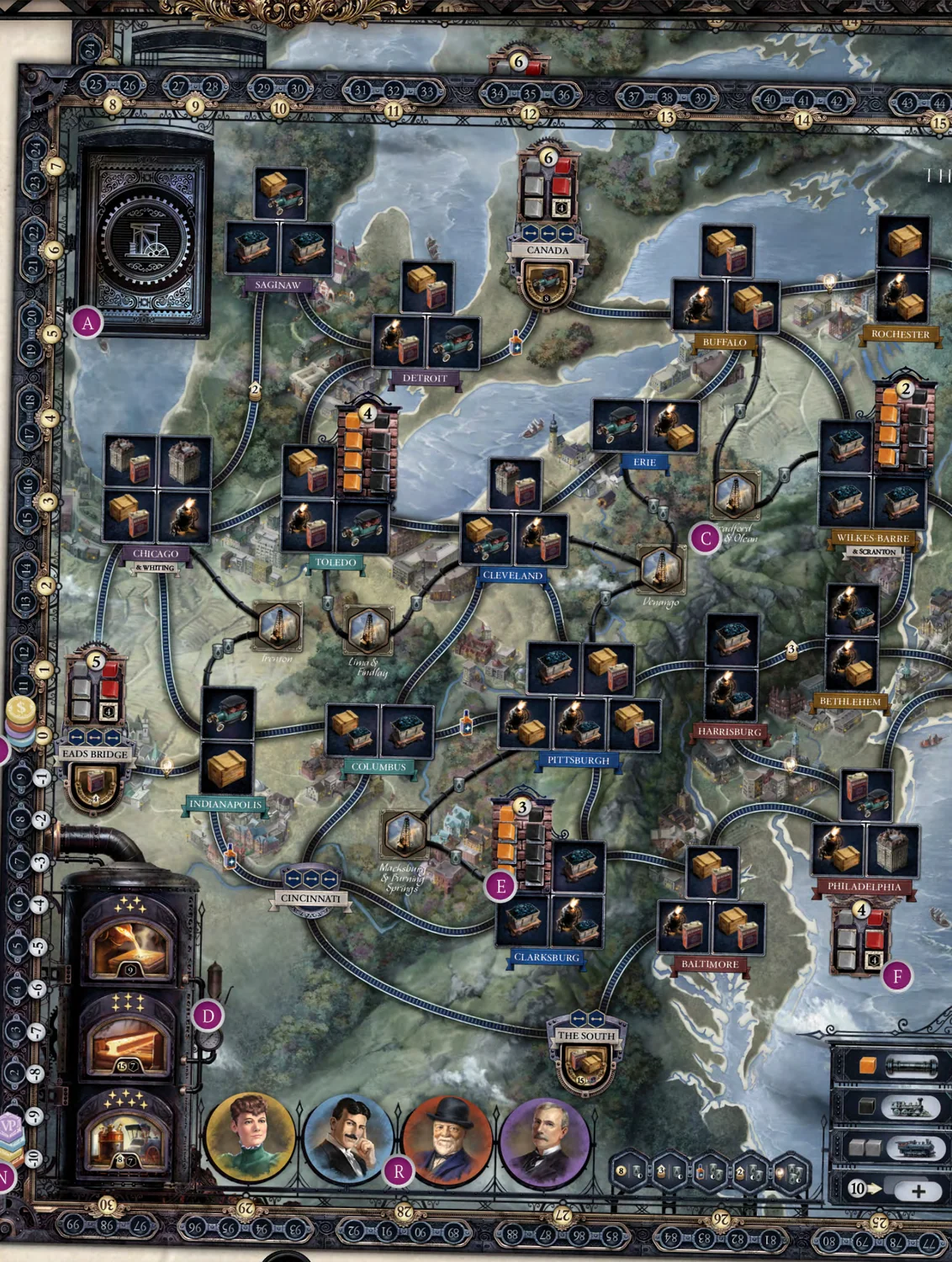 The three-to-four-player board contains city industry spaces, railroads, pipeline routes, six resource markets, oilfields, and three faceup Quality Rewards