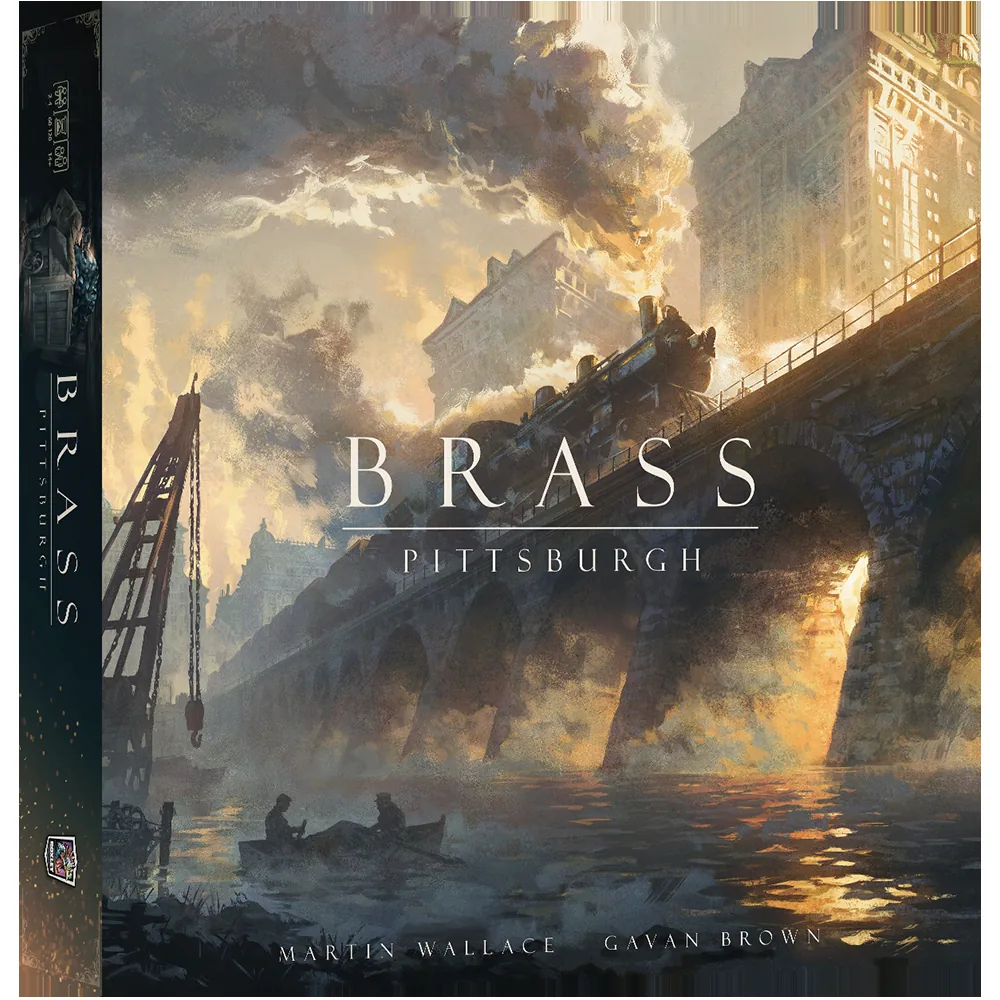 Official Brass: Pittsburgh box art showing a steam locomotive crossing an industrial city and riverfront