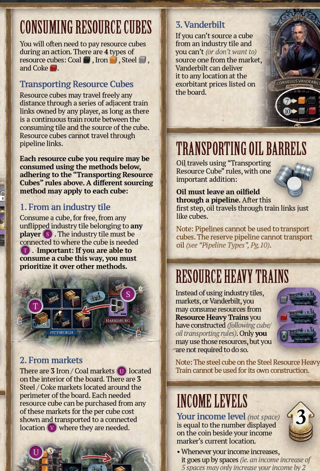 Coal, Iron, Steel, and Coke travel along continuous railways and come from industries, markets, Heavy Trains, or Vanderbilt, while oil must first leave an oilfield through a pipeline