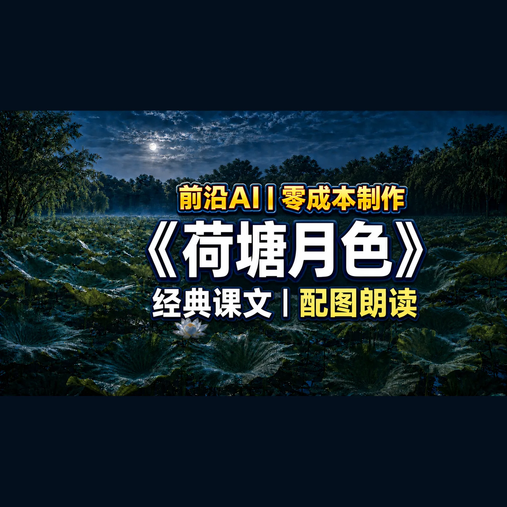 《荷塘月色》公开视频封面，月夜荷塘上叠有前沿 AI、零成本制作、经典课文与配图朗读等文字